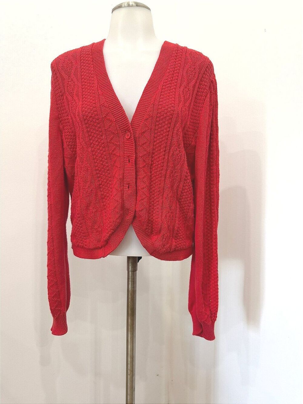 Country Sophisticates Pendleton Medium Red Cable Knit Button-Up Cardigan Sweater